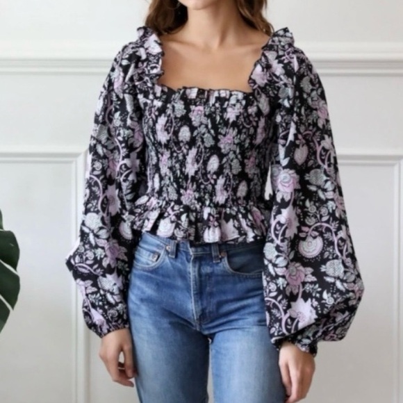 Mille Tops - Mille Resort Circe Top Blouse Black Floral Tropical Night Lantern Sleeves Size M